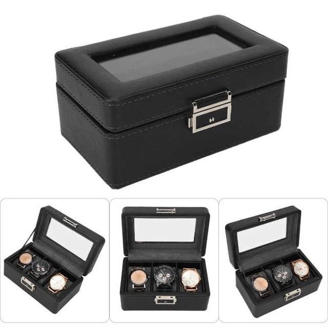 3 Slot Watch Box Organizer PU Leather With Glass Top