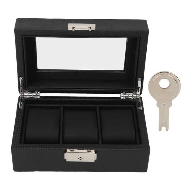3 Slot Watch Box Organizer PU Leather With Glass Top