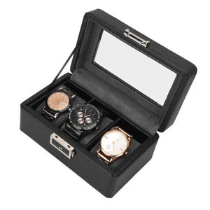 3 Slot Watch Box Organizer PU Leather With Glass Top