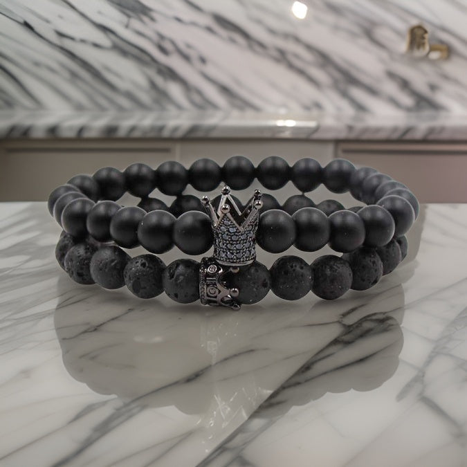 Argent Craft Natural Lava Stone & Black Matte Agate Stone Couples Bracelet with King and Queen Crown With Zirconia (Black)