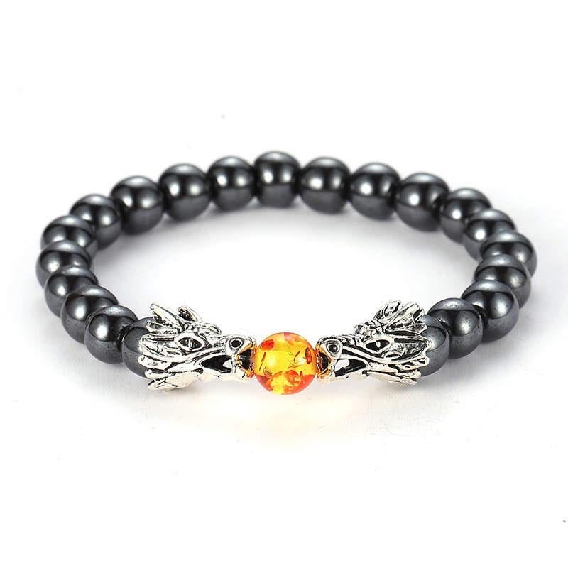 Argent Craft Natural Hermatite Stone Bracelet with Dragon Heads (Silver)