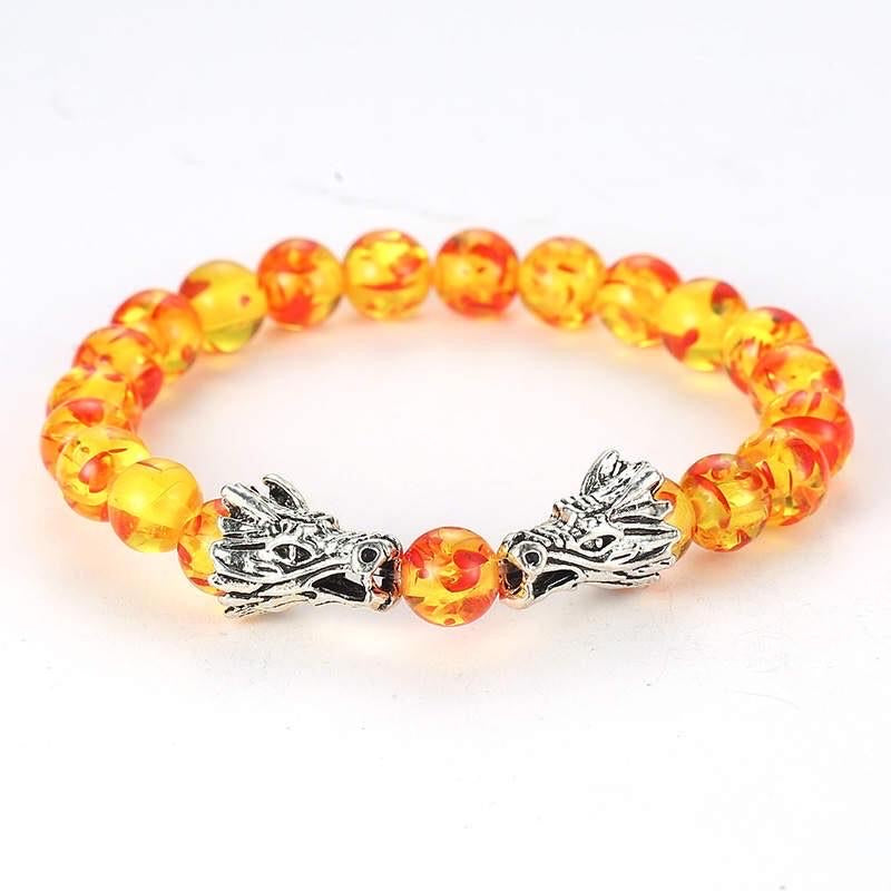Argent Craft Natural Red/Yellow Amber Stone Bracelet with Dragon Heads (Silver)