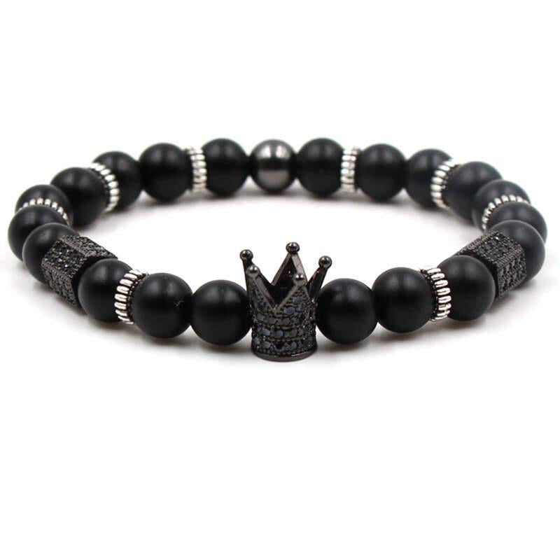 Argent Craft Natural Black Matte Agate Bracelet with King Crown, Die & Ball (Black)