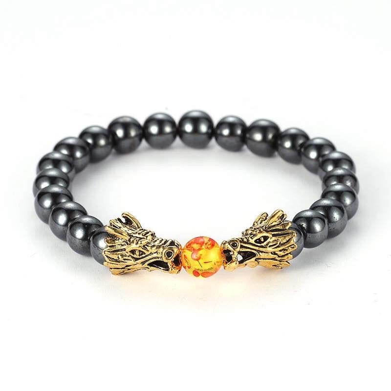 Argent Craft Natural Hermatite Stone Bracelet with Dragon Heads (Gold)