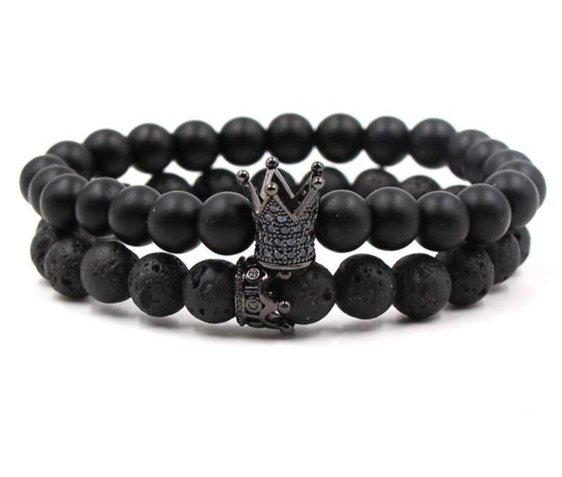 Argent Craft Natural Lava Stone & Black Matte Agate Stone Couples Bracelet with King and Queen Crown With Zirconia (Black)