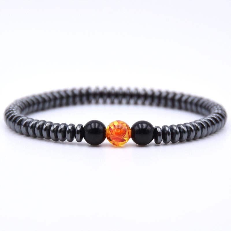 Argent Craft Natural Hematite Rings Bracelet With Red & Yellow Amber Stone & Polished Agate