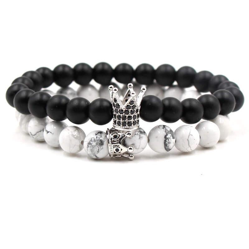 Argent Craft Natural White Howlite Stone & Black Matte Agate Stone Couples Bracelet with Crowns (Silver)