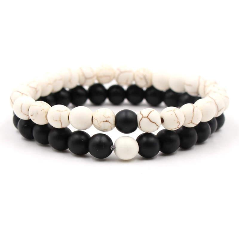 Argent Craft Black Matte Agate & White Onyx Couple Matching Set Bracelets.