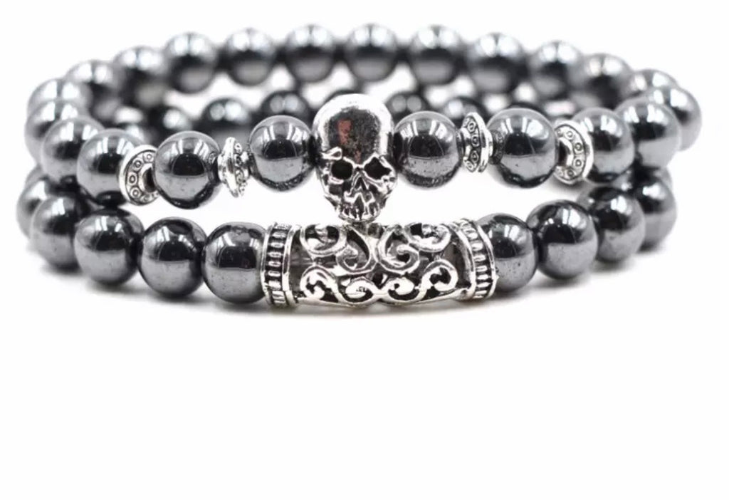 Argent Craft Hematite With Skull and Ancient Scroll Bracelet (silver)