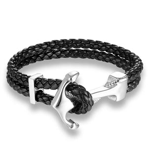 Argent Craft Double Layer Black Leather Anchor Bracelet (silver)