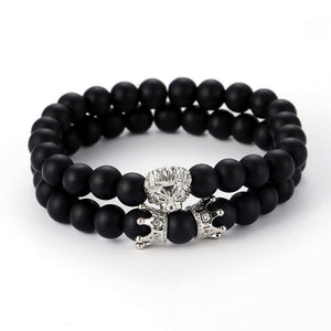 Argent Craft Black Matte Agate Royalty Lion and Crown Bracelet (silver)