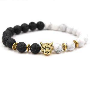 Argent Craft Natural Lava Stone & Howlite Bracelet with Leopard Head(Gold)