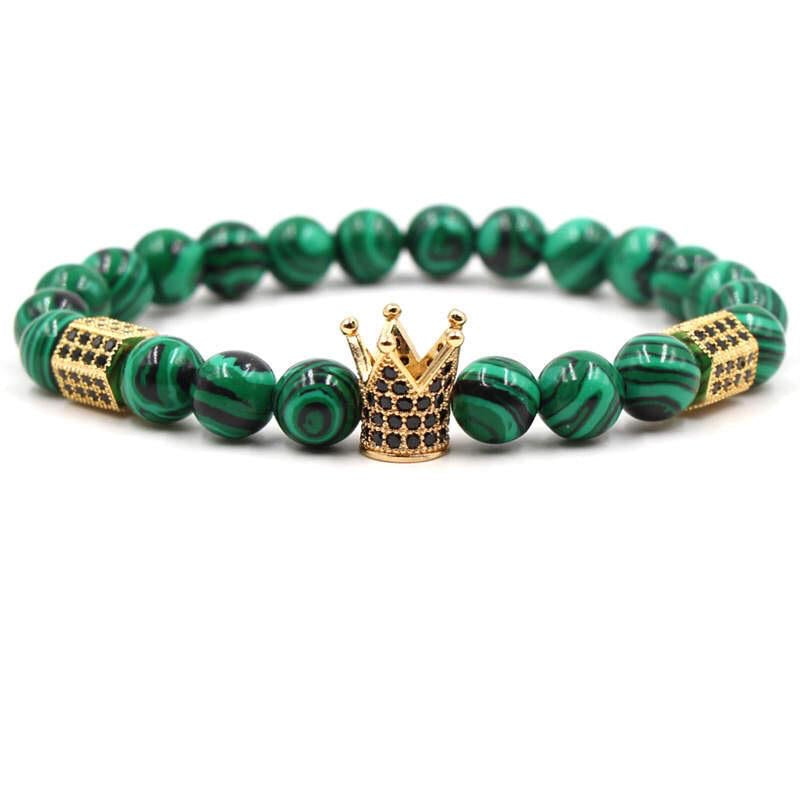 Argent Craft Natural Malachite Stone Bracelet with Crown & Die (Gold)