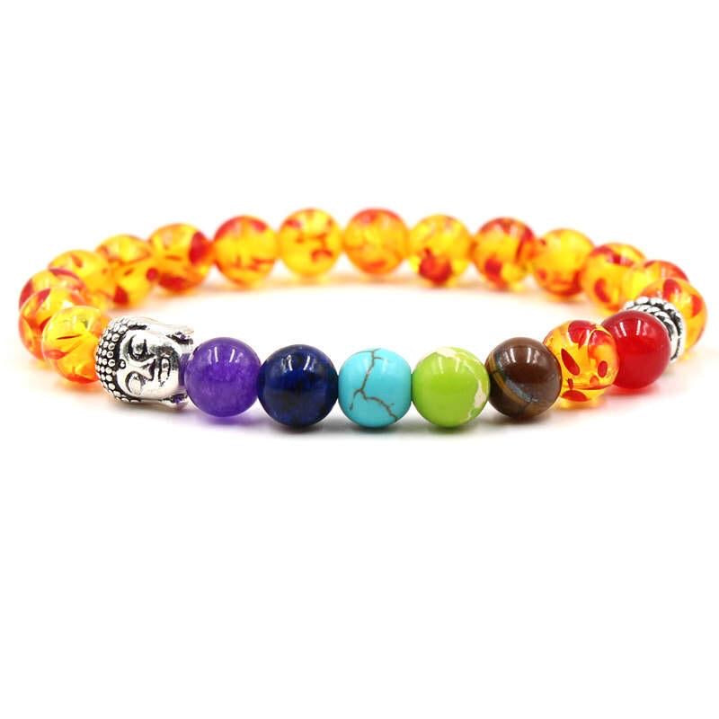 Argent Craft Natural 7 Chakra Healing Bracelet With Red/Yellow Amber & Silver Buddha