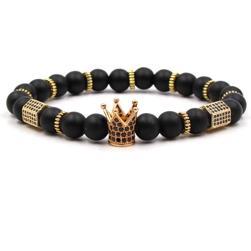 Argent Craft Natural Black Matte Agate Bracelet with King Crown, Rings & Die (Gold)