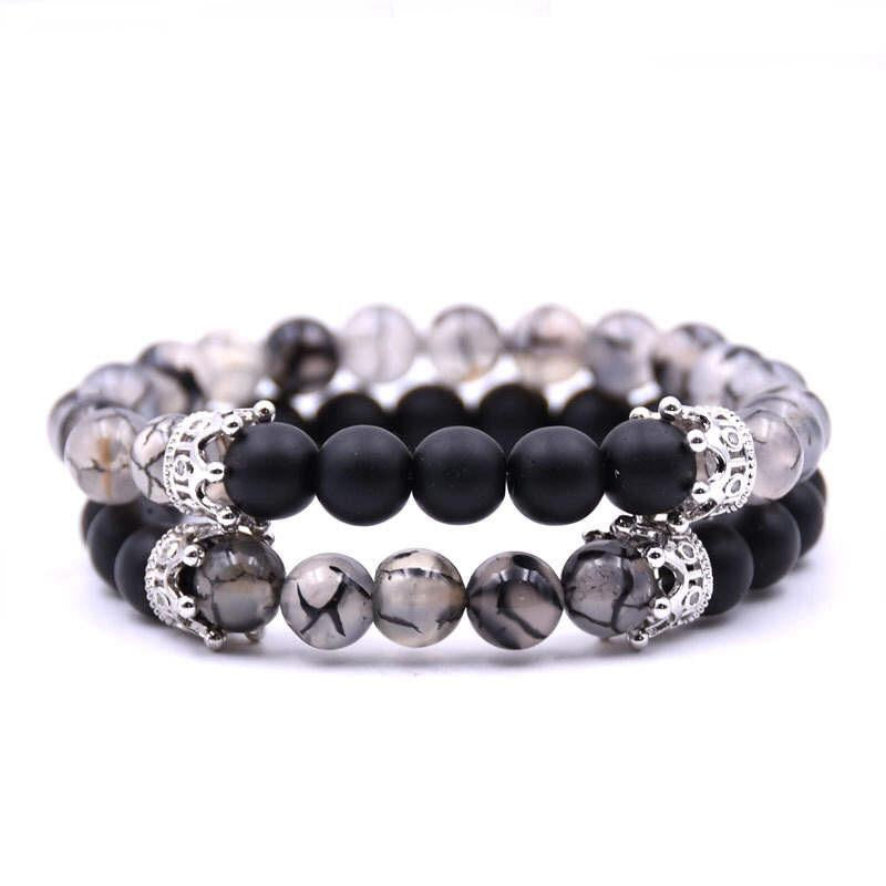 Argent Craft Chrystal Quartz & Black Matte Agate Matching Couple Bracelet