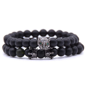 Argent Craft Natural Black Matte Agate Stone Bracelet with Crowns & Cheetah (Black)