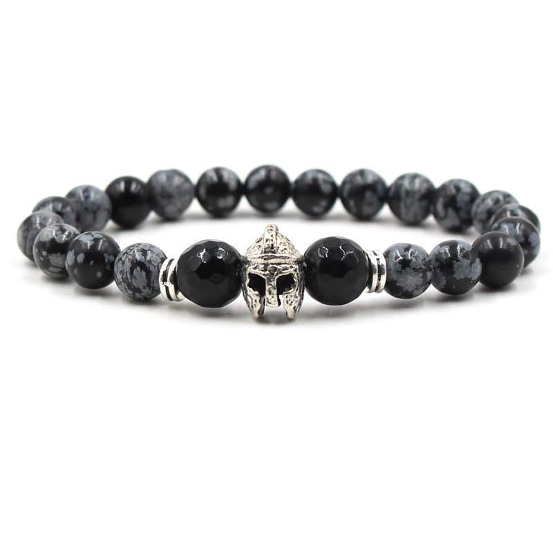 Argent Craft Natural Snowflake Obsidian & Black Onyx Bracelet with Knight Helmet (Silver)
