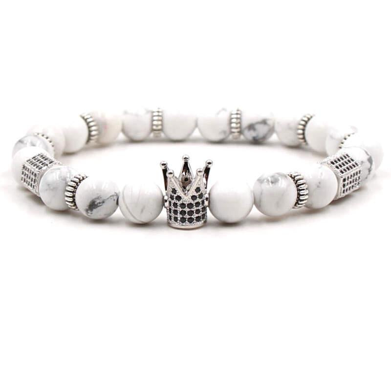 Argent Craft Natural White Howlite Stone Bracelet with Crown, Rings & Die (Silver)