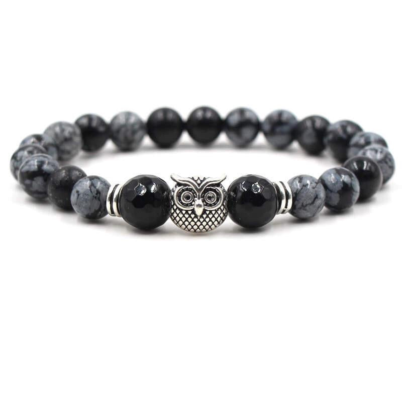 Argent Craft Natural Snowflake Obsidian & Black Onyx Bracelet with Owl (Silver)