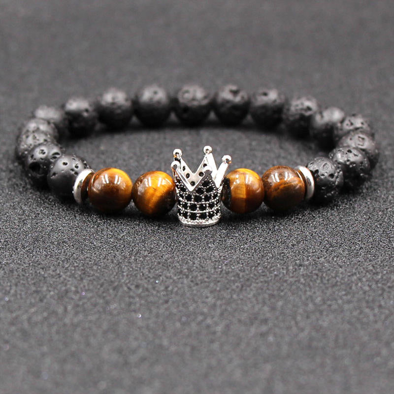 Argent Craft Lava Stone & 4 Tiger Eye Stone With Royal Crown Bracelet (Silver)