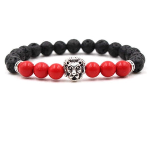 Argent Craft Natural Lava Stone & Red Coral Bracelet with Lion Head(Silver)