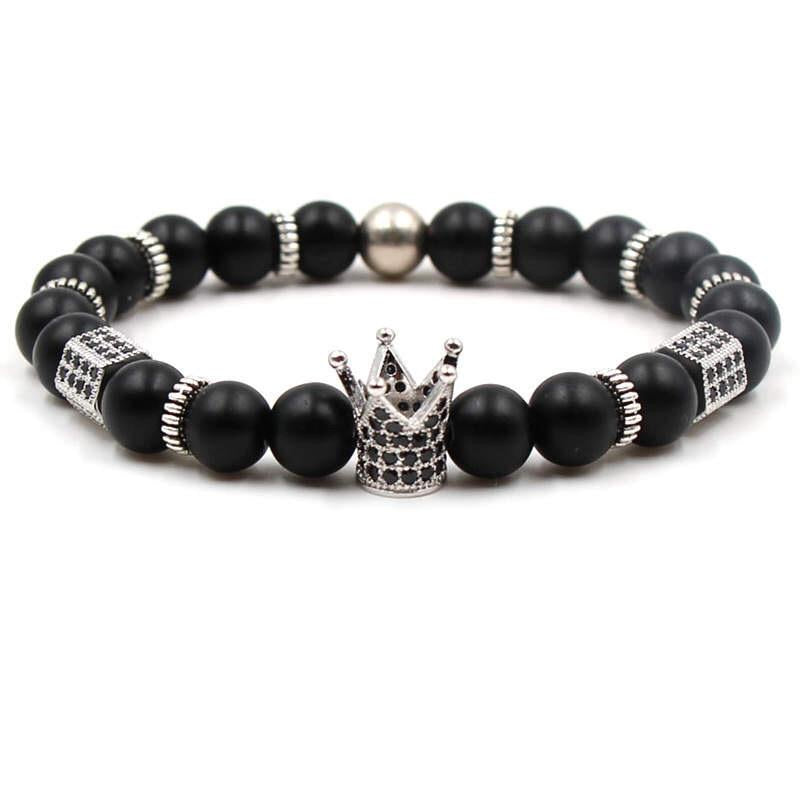 Argent Craft Natural Black Matte Agate Bracelet with King Crown, Die & Ball (Silver)