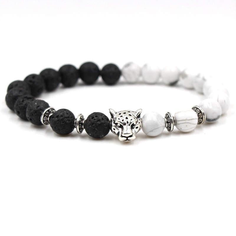 Argent Craft Natural Lava Stone & Howlite Bracelet with Leopard Head(Silver)