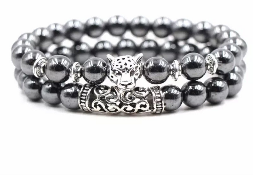Argent Craft Hematite With Cheetah and Ancient Scroll Bracelet (silver)