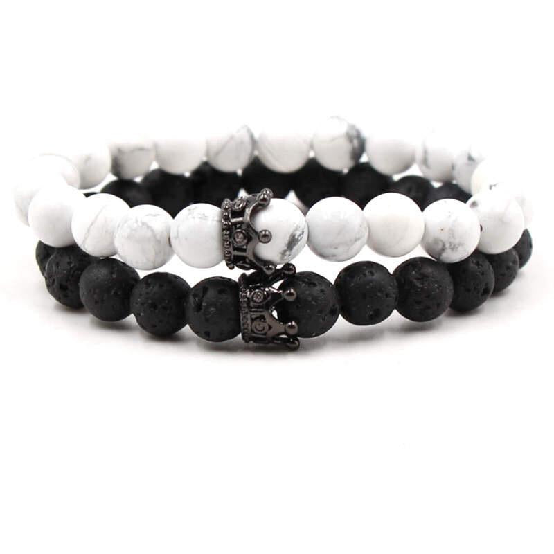 Argent Craft Natural White Howlite Stone & Lava Stone Couples Bracelet with Crowns (Black)