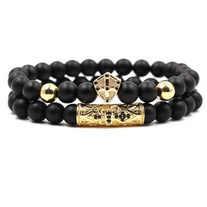 Argent Craft Black Matte Agate Royal Guard Shield & Scroll Protection Bracelet (Gold)