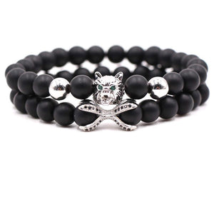 Argent Craft Natural Black Matte Agate Stone Bracelet with Wolf & Artifact